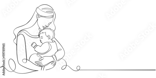Mother and baby line art vector illustration, mothers day celebration background