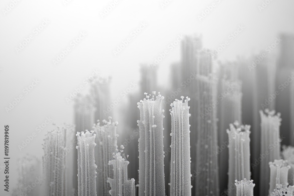 Fototapeta premium Abstract grayscale image of numerous slender, textured pillars resembling a futuristic city or microscopic structures.