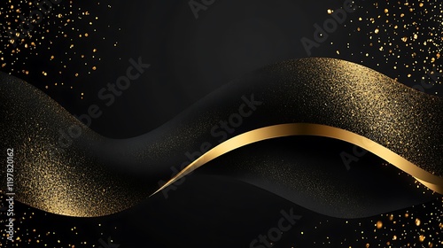 Gold ribbon wave, dark background, glitter, design template