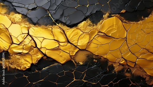 GoldYellow Cracked Paint Over Dark Black Background A Rustic Abstraction of Textures and Contrasts photo