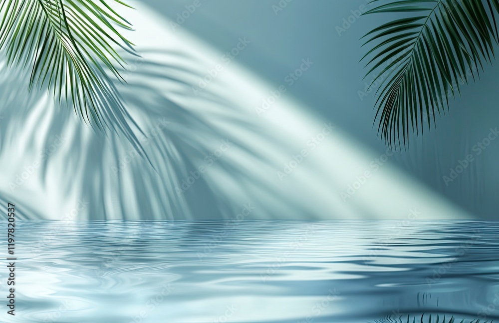 Abstract water background with palm leaf shadow and ripples on a blue wall for product display presentation mock-up Abstract water background with palm leaf shadow and ripples on a blue wall for product display presentation mock-up