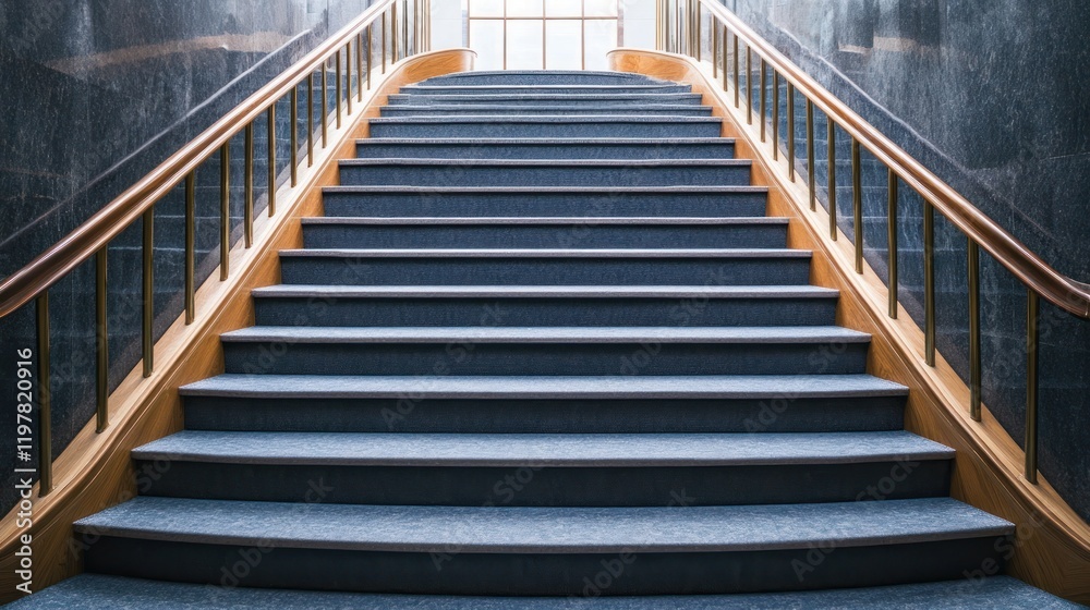 Elegant Indoor Staircase: A Symphony of Wood, Marble, and Blue Carpet Elegant Indoor Staircase: A Symphony of Wood, Marble, and Blue Carpet