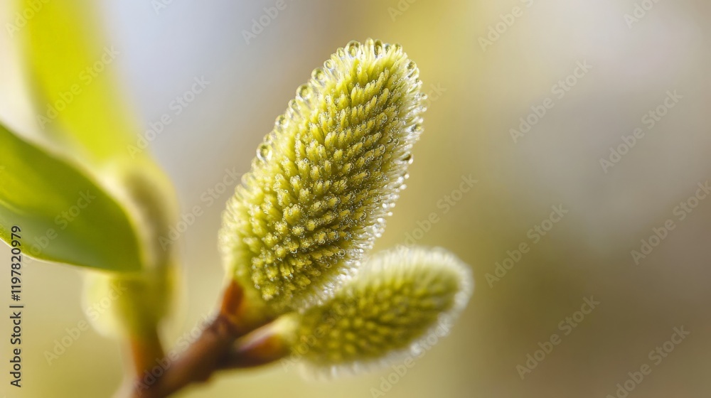 Close-up of dew-laden fuzzy buds on a spring morning Close-up of dew-laden fuzzy buds on a spring morning