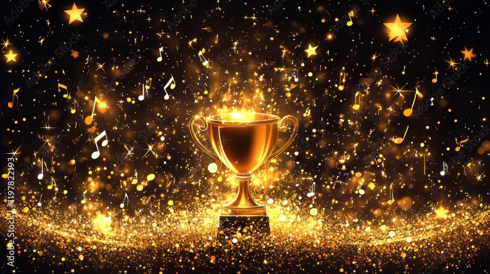A glowing golden trophy cup surrounded by sparkling stars and musical notes on a dark background A glowing golden trophy cup surrounded by sparkling stars and musical notes on a dark background