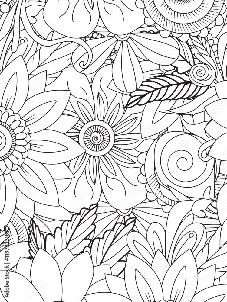 Fototapeta premium Floral Fantasy: An intricate floral pattern offers a soothing and engaging coloring experience. The design features various flowers and leaves, creating a detailed and immersive artistic composition.