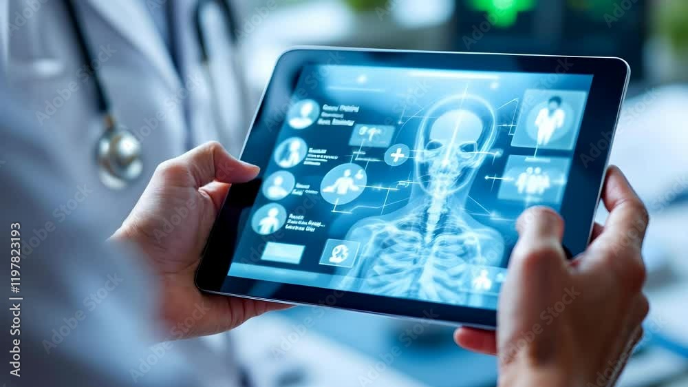 Medical professional examining digital x-ray scan on tablet device. Healthcare technology visualization with skeletal system imagery. Modern diagnostics interface for banner with copy space Medical professional examining digital x-ray scan on tablet device. Healthcare technology visualization with skeletal system imagery. Modern diagnostics interface for banner with copy space