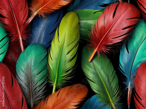 Close-up of a vibrant parrot feather showcasing its stunning colors of red, yellow, and blue in exquisite detail.