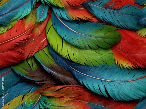 Close-up of a vibrant parrot feather showcasing its stunning colors of red, yellow, and blue in exquisite detail.