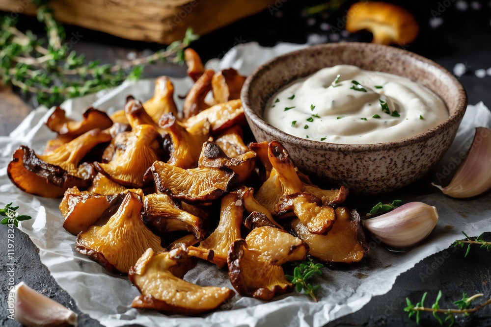 moody and dramatic composition featuring snacks of roasted porcini mushrooms paired with a creamy garlic dip moody and dramatic composition featuring snacks of roasted porcini mushrooms paired with a creamy garlic dip