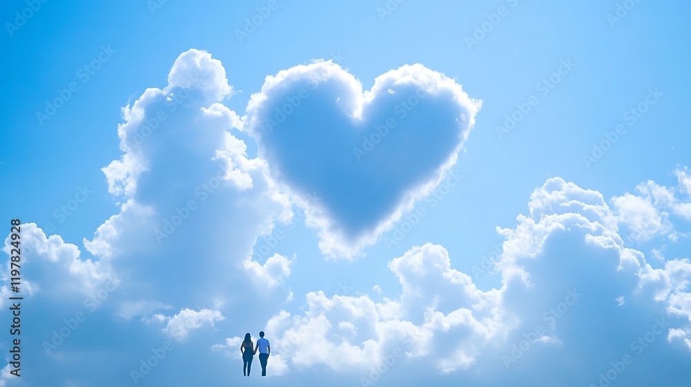 A heart-shaped cloud formation in a clear blue sky with a couple enjoying the view A heart-shaped cloud formation in a clear blue sky with a couple enjoying the view