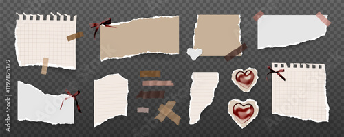 Set of isolated torn paper pieces with ripped edges, notepad sheets, tape strips, heart stickers, halftone ribbons and decorative tapes. Collection for retro collages, vintage designs, scrapbooking. 