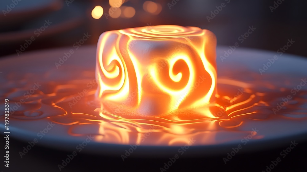 Obraz premium A glowing marshmallow with luminous swirls served on a high-tech dessert plate 