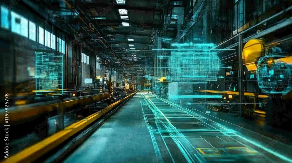Fototapeta premium Futuristic Industrial Warehouse with Digital Technology Overlay