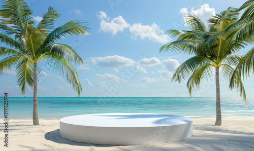 A minimalist podium standing on a tropical beach, surrounded by waves and clear blue water. Perfect for speeches or presentations.
