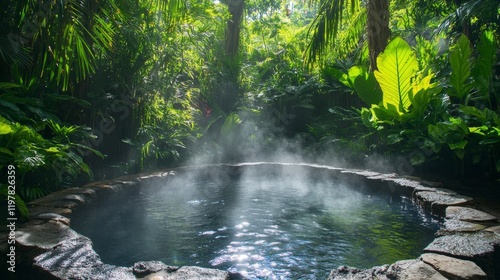 A small pond with steam rising from it. The pond is surrounded by trees and plants. The water is clear and calm
