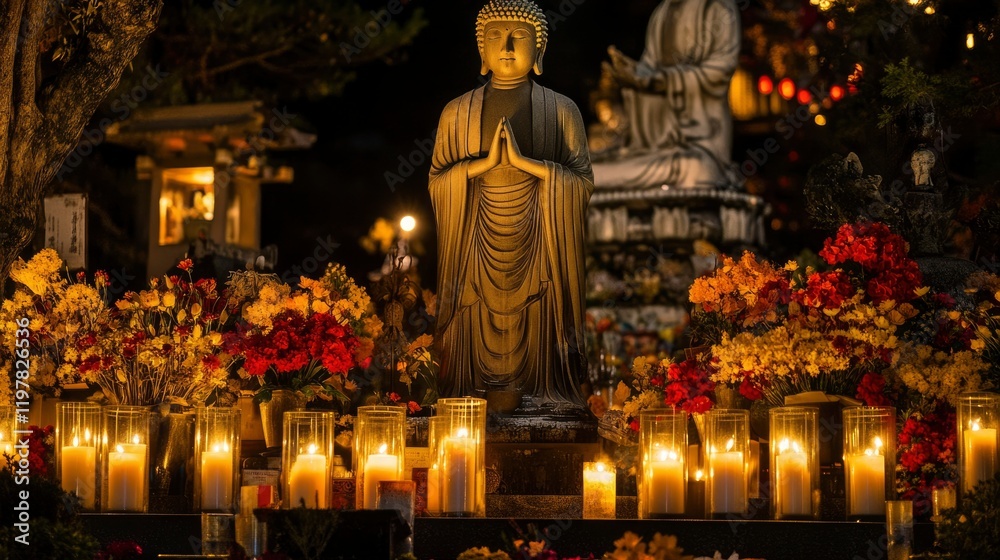 Illuminated Buddha Statue Amidst Flowers And Candles
