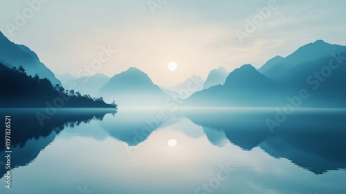 Morning mist envelops mountains and reflects in the tranquil lake waters, creating a breathtaking harmonious scene of natural beauty and meditative serenity. photo