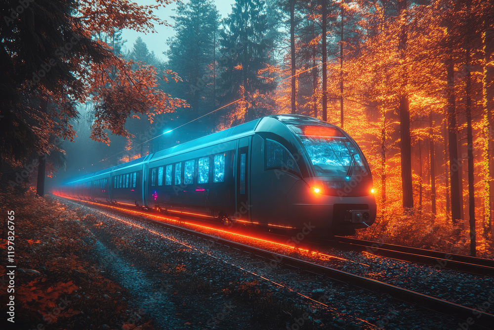 Naklejka premium High-Speed Train Traveling Through Enchanted Forest with Vibrant Autumn Foliage