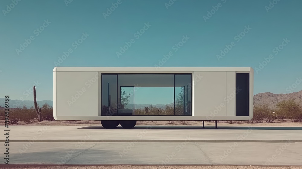 Naklejka premium Modern Minimalist Mobile Home in Desert Landscape with Clear Blue Sky