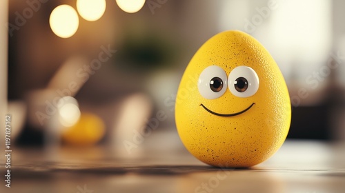 Smiling yellow toy egg with googly eyes on a table