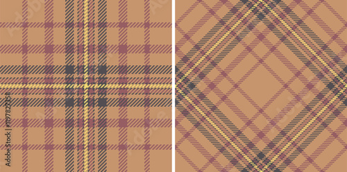Seamless tartan pattern of fabric check textile with a background vector plaid texture. Set in warm colors for seasonal holiday decorations.