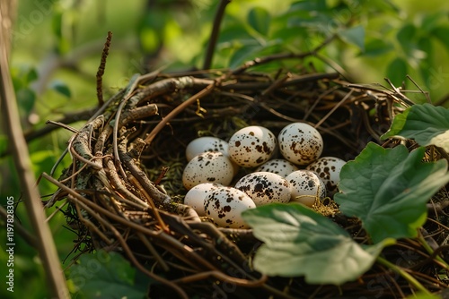 Nest built with twigs holding several speckled eggs, resting on a tree branch among green leaves in a natural environment