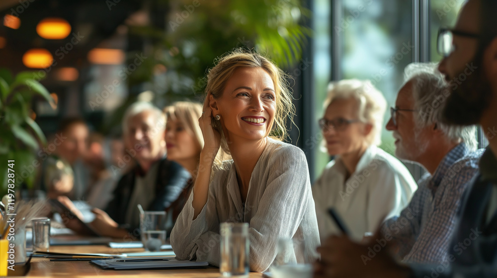 Fototapeta premium A cheerful group of seniors in a hearing awareness seminar