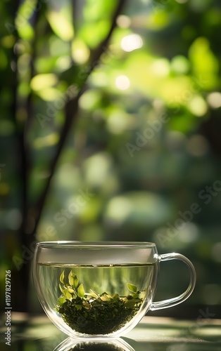 Matcha tea infused with ingredients for cognitive function and heart health, presented in a clear cup with a serene backdrop photo