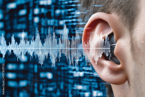 Illustration of a human ear and sound waves on a blue background, close-up. World Hearing Day