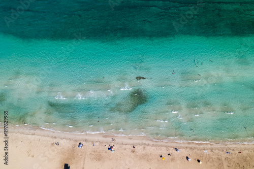 Fototapeta Naklejka Na Ścianę i Meble -  Ilica Beach in Alacati. Cesme District, Izmir, Turkey. Beautiful turquoise sea view in Cesme. Drone shot.
