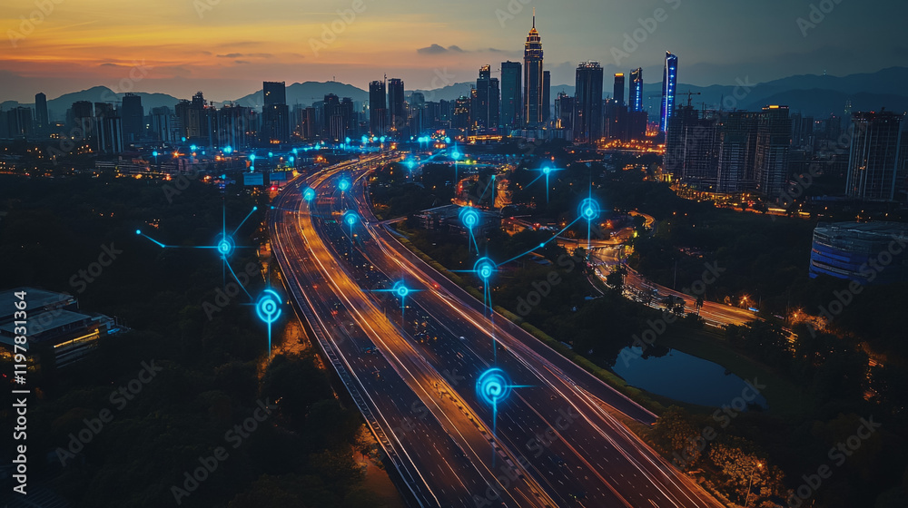 Obraz premium Abstract business man stands on the peak of success amid tall, innovative Smart city and graphs with statistics to analyze business potential and predict future developments in company growth.