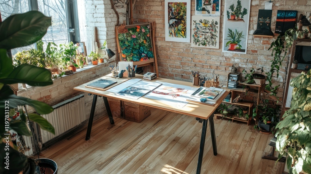 Artists Studio Workspace With Plants And Artwork Artists Studio Workspace With Plants And Artwork