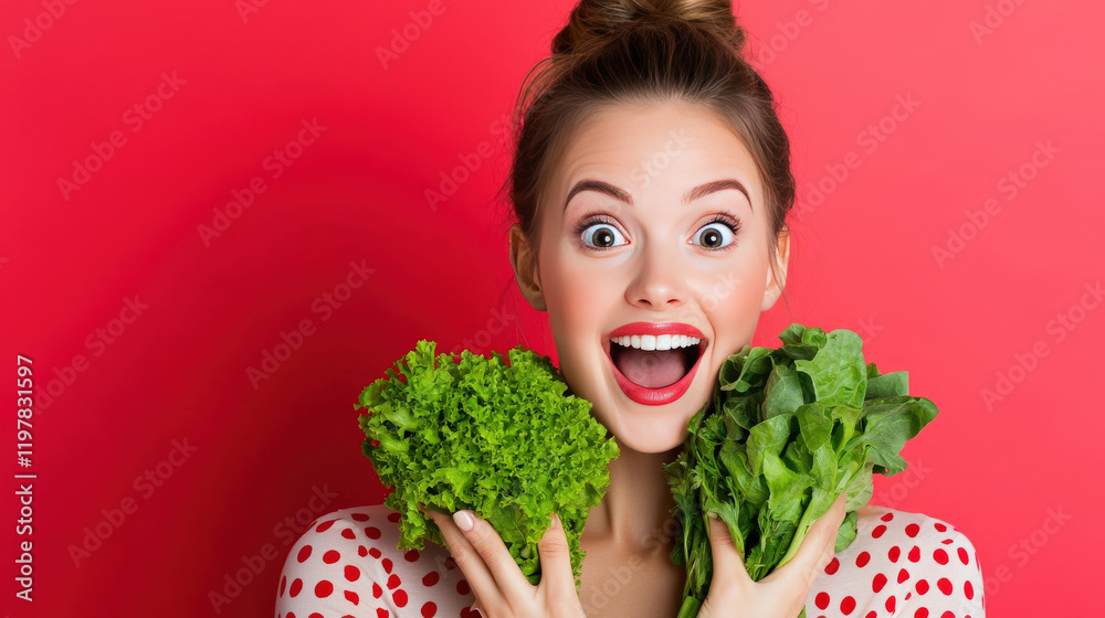 Happy woman holding fresh green lettuce and spinach against vibrant red background with joyful expression promoting healthy eating and nutrition concepts