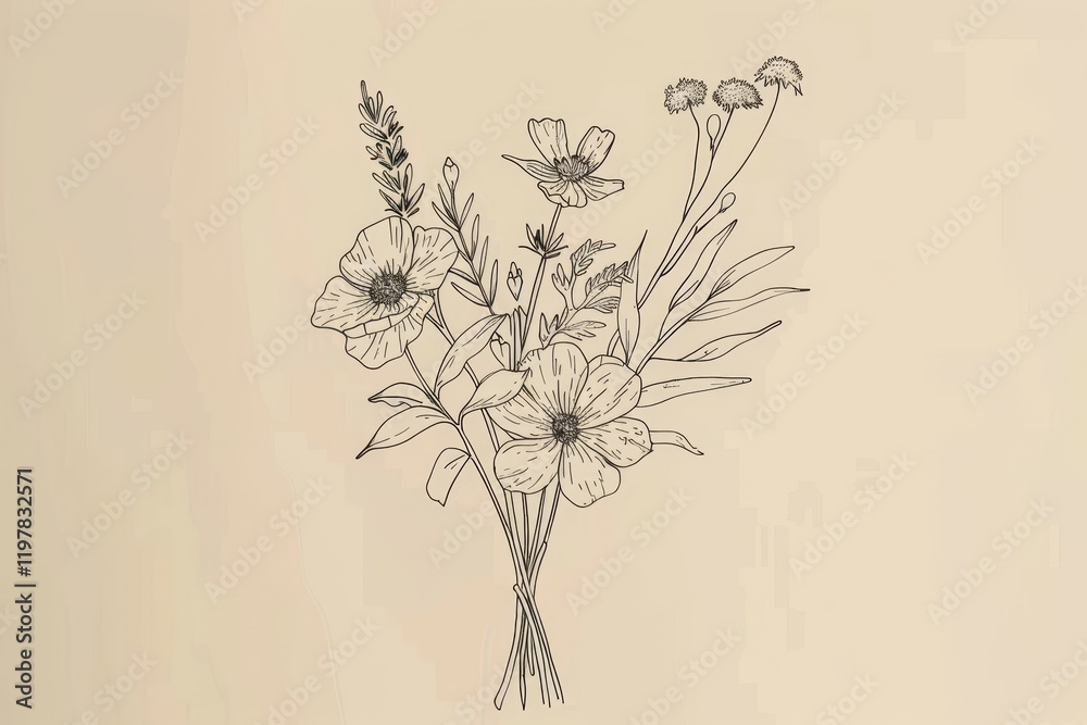 A delicate line drawing of a bouquet featuring various flowers and greenery. A delicate line drawing of a bouquet featuring various flowers and greenery.