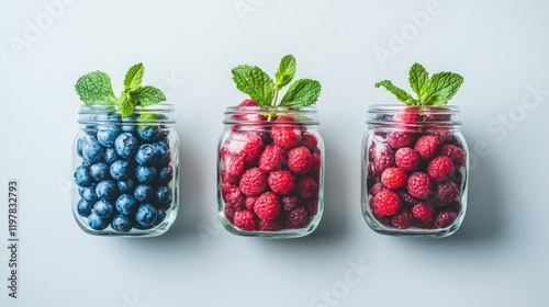 Wallpaper Mural Raspberry and blueberry parfaits with cream cheese and mint, displayed in glass jars on a bright white surface for summer dessert inspiration Torontodigital.ca