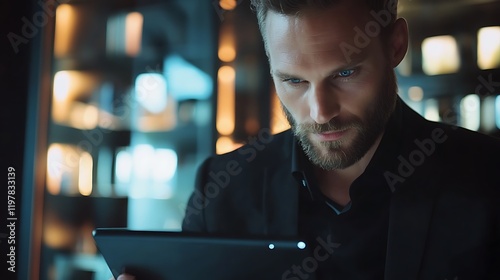 Man using tablet, dimly lit lounge, blurred background, business