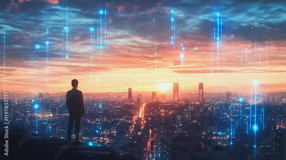 Fototapeta premium Abstract business man stands on the peak of success amid tall, innovative Smart city and graphs with statistics to analyze business potential and predict future developments in company growth.