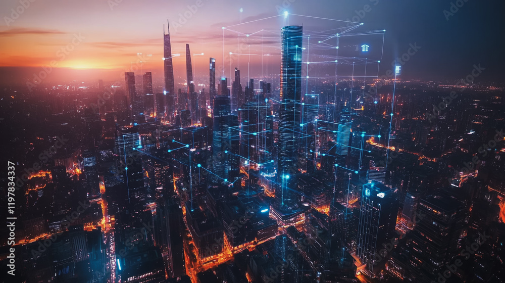 Fototapeta premium Abstract business man stands on the peak of success amid tall, innovative Smart city and graphs with statistics to analyze business potential and predict future developments in company growth.