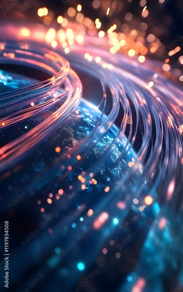 Obraz premium Cross sectional view of a fiber optic cable system embedded within the earth s surface, connecting data hubs and powering a global network