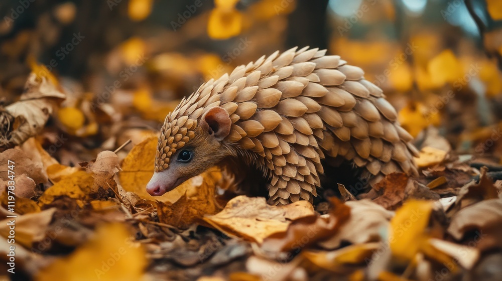 A pangolin foraging among autumn leaves in a forest setting. A pangolin foraging among autumn leaves in a forest setting.