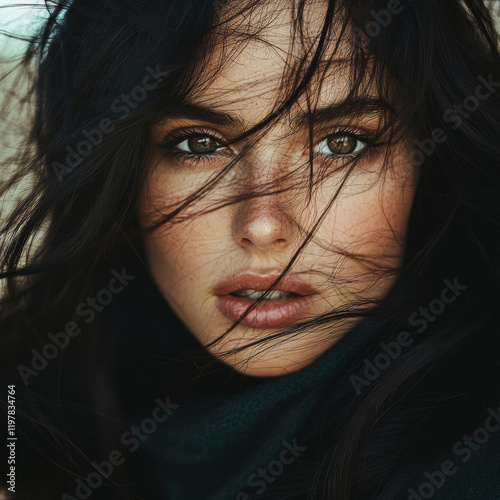 Windswept Beauty: A captivating close-up portrait of a woman with dark, windblown hair, revealing her alluring hazel eyes and delicate freckles. photo