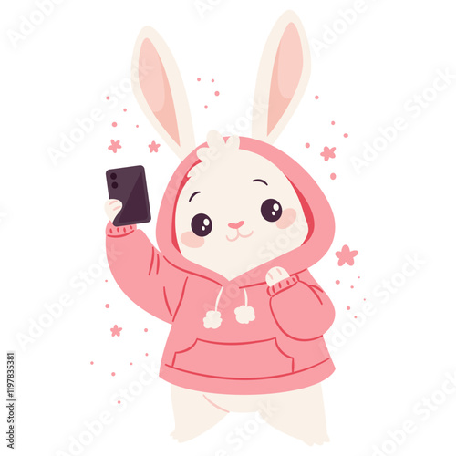 Flat vector illustration in a simple children's style. Cute bunny in pink hoodie is taking selfies, taking a picture of himself on his phone . Vector illustration