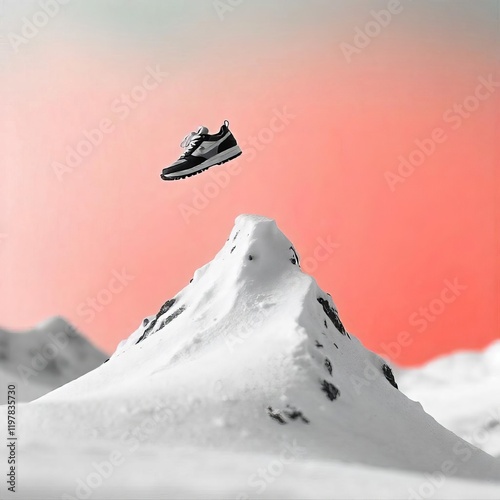 Miniature landscape, advertising photography, Sneakers floating, surreal art, masterpiece, professional surreal composition, gradient background, vibrant, teal and red color scheme