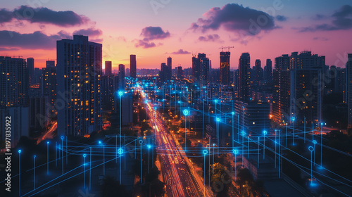 Abstract business man stands on the peak of success amid tall, innovative Smart city and graphs with statistics to analyze business potential and predict future developments in company growth.