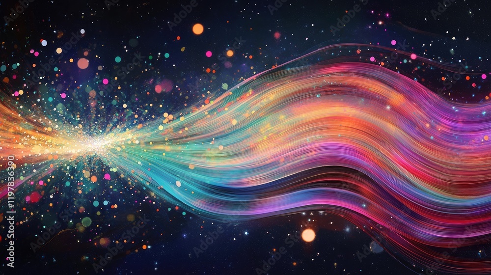 Obraz premium Vibrant and detailed painting of a fiber optic cable emitting colorful light beams symbolizing digital communication