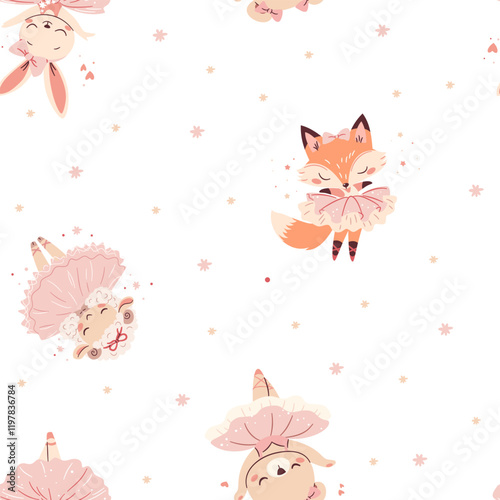 Seamless vector pattern in a simple childish style. Cute ballerina animals, lamb rabbit bear and fox in tutu ballerinas dancing ballet. Vector illustration