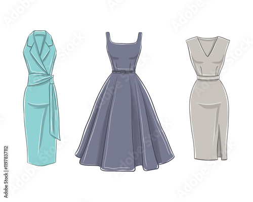 Women's fashion clothing collection. Vector hand-drawn illustrations of beautiful dresses. Fashion dress sketches, isolated on a white background.