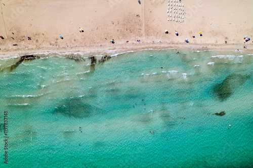 Fototapeta Naklejka Na Ścianę i Meble -  Ilica Beach in Alacati. Cesme District, Izmir, Turkey. Beautiful turquoise sea view in Cesme. Drone shot.