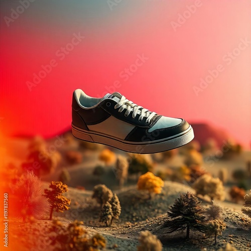 Miniature landscape, advertising photography, Sneakers floating, surreal art, masterpiece, professional surreal composition, gradient background, vibrant, teal and red color scheme
