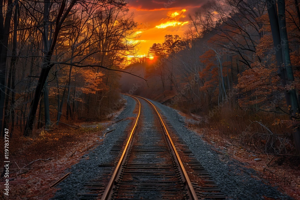 Scenic view of railroad tracks disappearing into a colorful autumn forest at sunset, creating a picturesque and tranquil scene Scenic view of railroad tracks disappearing into a colorful autumn forest at sunset, creating a picturesque and tranquil scene